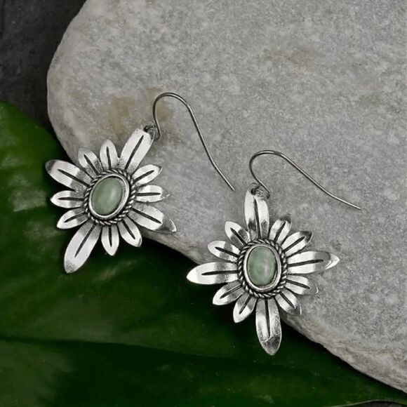 Silver Turquoise Flower Dangle Earrings - Picture 3 of 5